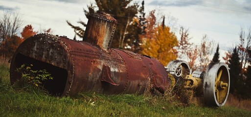 Panoramic shot of an old rusty part of an abandoned locomotive with metal wheels