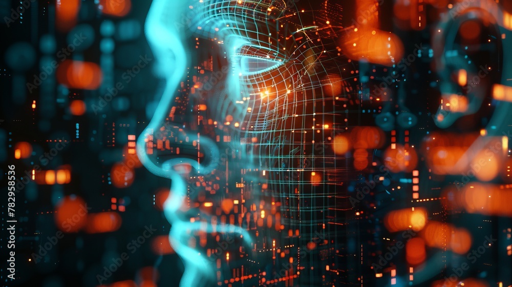 Aufkleber Digital head of Artificial Intelligence (AI). Deep learning concept. Hologram. 3D rendering