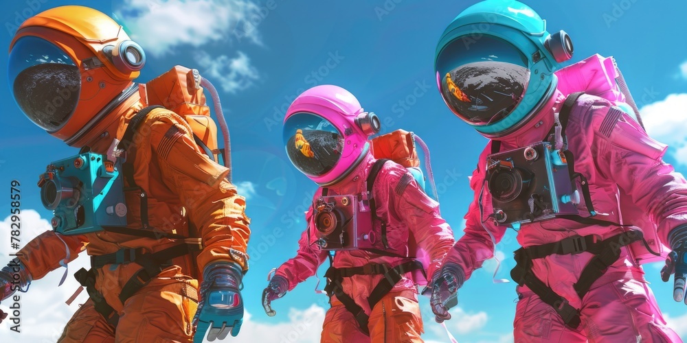 Poster a group of people in space suits standing together. suitable for science fiction projects