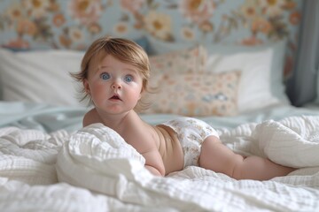 An infant on a bed looks back with a surprised expression, their big blue eyes wide open in a room with vintage décor