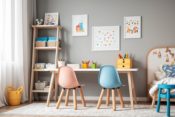 modern children's room with set of chairs and table for work and study, interior design concept