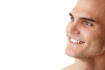 Close-up of smiling young man with perfect smile, spotless face and thick eyebrows isolated on white studio background. Concept of skincare, male beauty, wellness, cosmetics, self-care. Banner