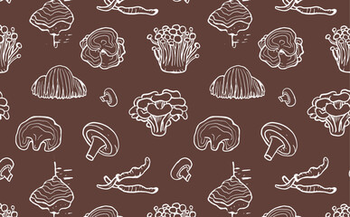 Seamless pattern of hand drawn medicinal mushrooms on brown background. Chaga, reishi, shitaki, cordyceps, turkey tail and lions mane mushroom illustration.