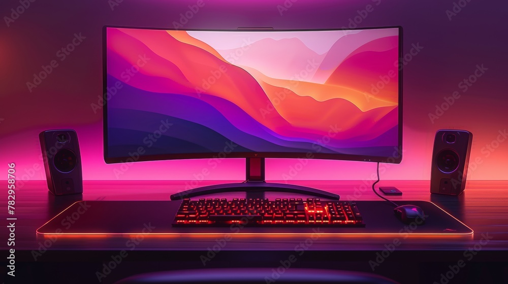 Poster 3d curved monitor, keyboard, mouse with pad. color modern composition. programmer accessories. offic