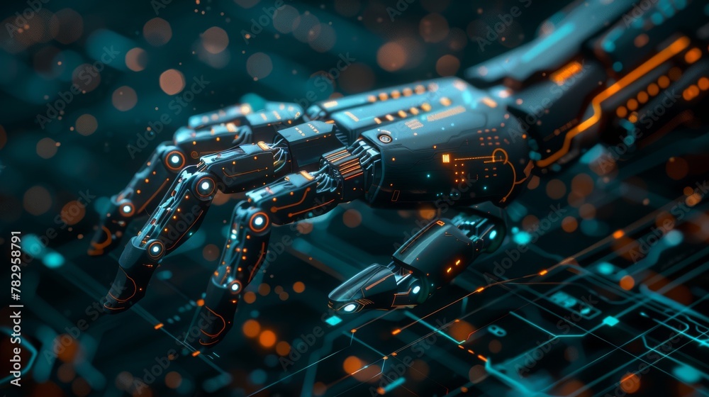 Poster The image below shows a mockup of an artificial intelligence robot hand on a technology background, created using artificial intelligence technologies.