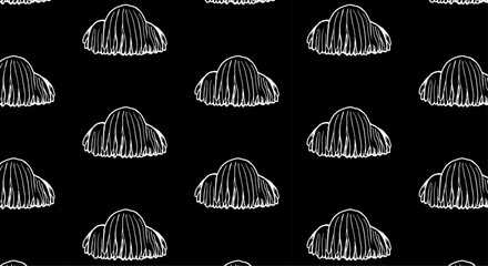 Lion mane mushroom seamless pattern on black background. Hand drawn illustration. Edible mushrooms wallpaper.