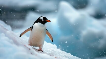 Charming Penguin Waddling Gracefully on Icy Antarctic Terrain Amid the Snowy Landscape of the Polar Region