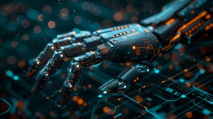 The image below shows a mockup of an artificial intelligence robot hand on a technology background, created using artificial intelligence technologies.