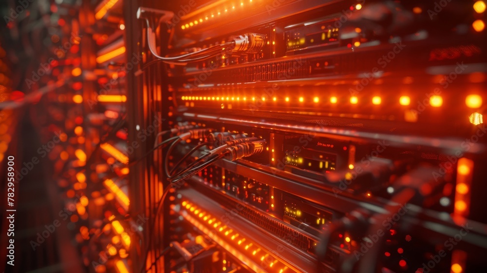 Poster This is a top view of a server cabinet filled with numerous orange cables in a dark render farm with a single spotlight. It is organized with colourful ethernet cables. It has an endless, seamless
