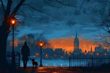 Twilight promenade with a dog in the city park. Urban evening leisure concept. Artistic poster design, vibrant cityscape illustration, and pet companionship theme. - obrazy, fototapety, plakaty