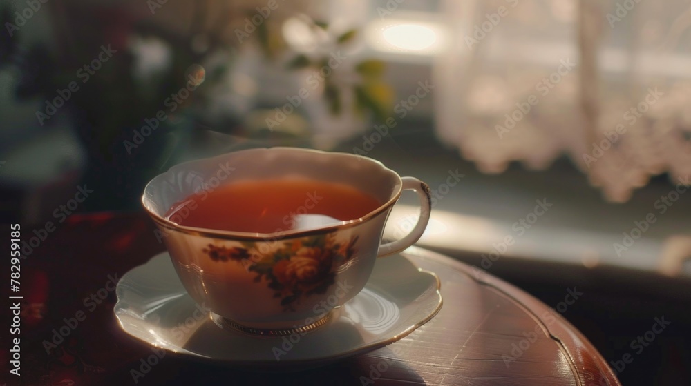 Poster a simple cup of tea on a saucer. ideal for food and beverage concepts