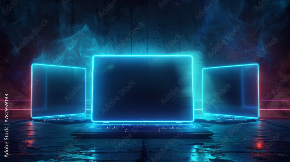Poster modern illustration of three futuristic virtual laptops with glowing blue neon edges on a dark backg