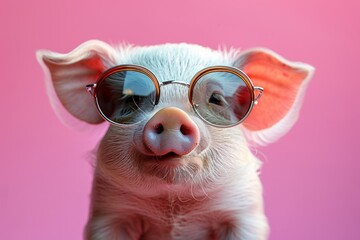 Piglet with a curious gaze modeling oversized sunglasses on a bright pink background