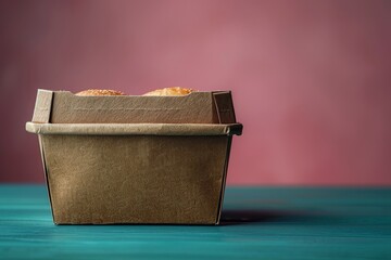 A classic Chinese takeaway container with sesame seed balls on top, set against a pink and teal background