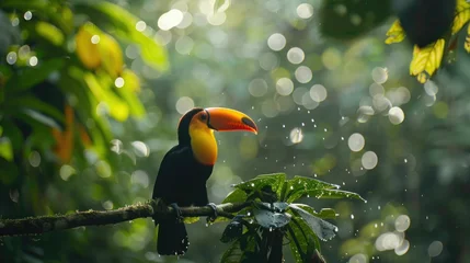 Tableaux ronds sur aluminium brossé Toucan Vibrant Toucan Perched Amidst Lush Green Foliage in a Tropical Rainforest