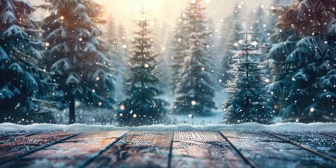A wooden deck covered in snow, with trees in the background. Suitable for winter themes - obrazy, fototapety, plakaty