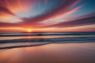 Fototapeta premium A tranquil sunset paints the sky in oranges, pinks and purples as the sun sets over the calm ocean.