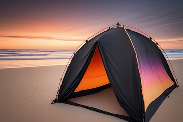 Lonely tent on a vast beach The shadows contrast with the bright sunset.