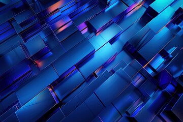 Intricate, metallic rectangles shimmer with light and shadow in shades of light and dark blue, evoking a technological theme - obrazy, fototapety, plakaty