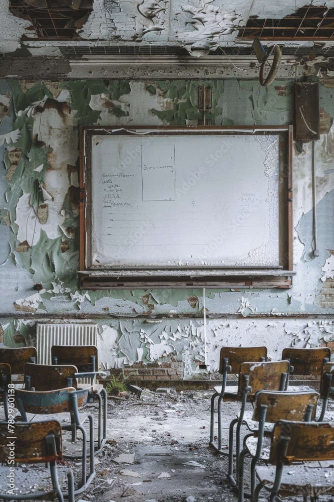 Aufkleber a classroom setting with a chalkboard and chairs. ideal for educational concepts