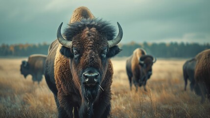 Majestic Bison Roaming Vast Untamed Landscapes Symbol of the American West and Indigenous Heritage - obrazy, fototapety, plakaty