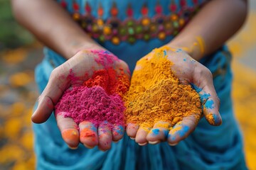 Outstretched hands hold mixtures of yellow and pink powders in a gesture of offering and joy during a cultural festival - obrazy, fototapety, plakaty