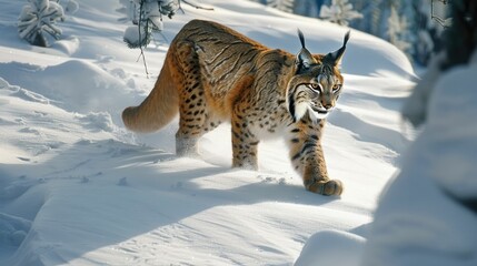 Obraz premium Lynx Silently Stalking Its Prey Through Snowy Wilderness Landscape