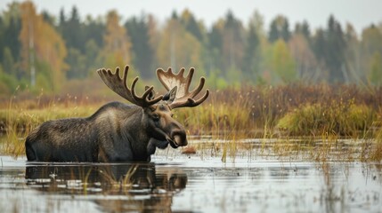 Majestic Moose Wading in Lush Northern Marshland Pond
