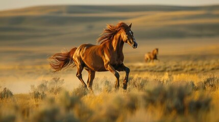 Majestic Wild Horse Galloping Across Open Fields Embodying the Spirit of Freedom and Adventure - obrazy, fototapety, plakaty