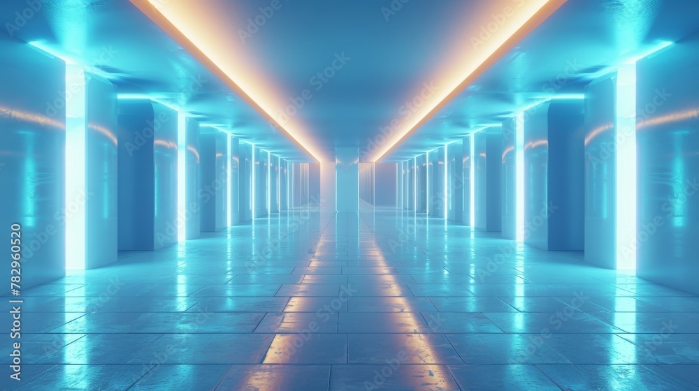 Fototapete an abstract rendering of an empty illuminated blue shining corridor interior, in 3d