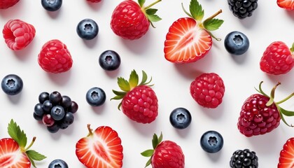 Top view of vibrant fresh berries arranged on a white background, including strawberries, blueberries, raspberries, and blackberries.. AI Generation