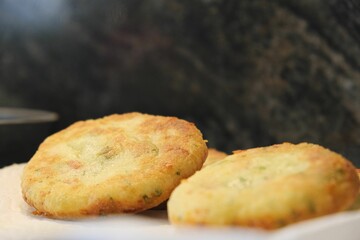 Selective focus shot of potato fritters
