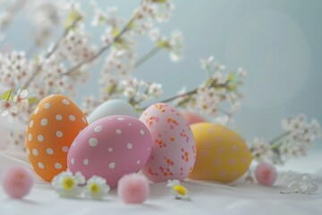 Colorful Easter eggs arranged on a table, perfect for Easter themed designs
