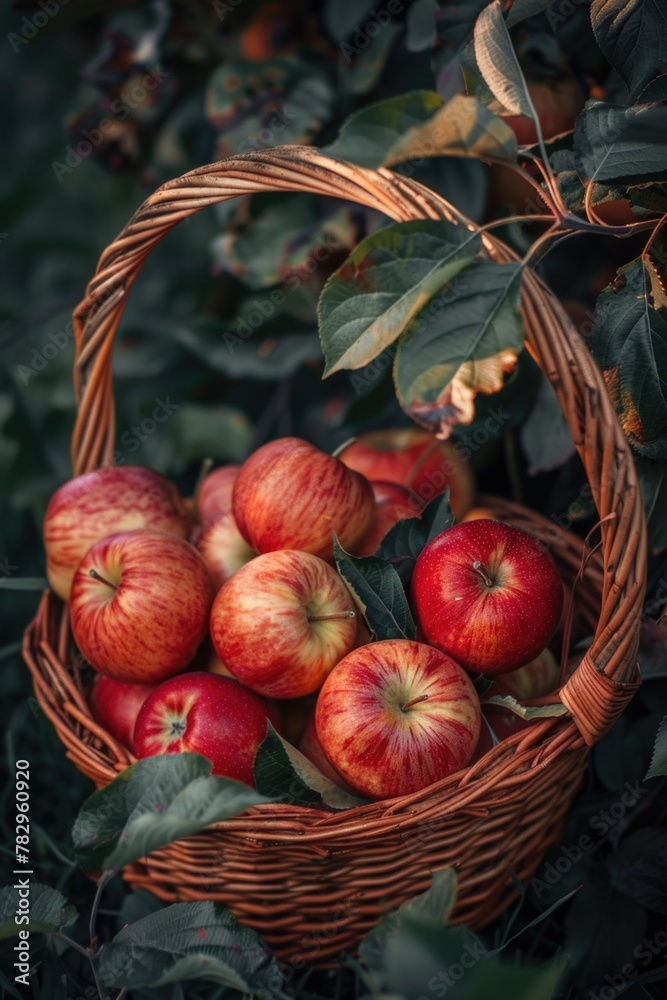 Poster a basket full of apples sitting on top of a tree. suitable for various food and nature concepts
