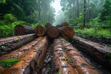 A vivid depiction of recently logged timber, soaked by rainfall and stacked methodically in the heart of a dense rainforest, evoking discussions on nature and deforestation