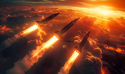 Hypersonic Missile Soaring Above the Clouds, Military Rocket Technology, Aerial Weapon System Attack