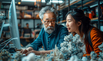 Creative Teamwork in Game Design: Senior Developer and Asian Manager Reviewing 3D RPG on Computer