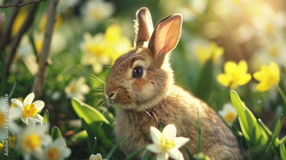 Poster a rabbit sitting in the middle of a field of colorful flowers. perfect for nature and wildlife theme