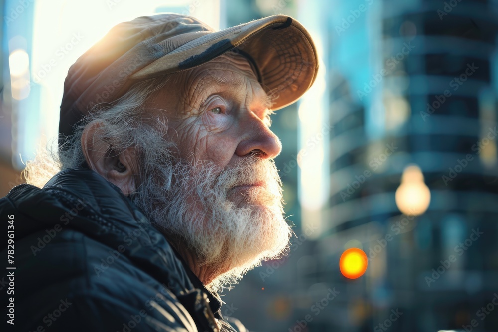 Poster A man with a beard wearing a hat, suitable for various projects