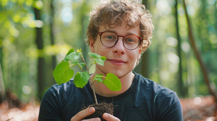 Young Environmentalist Holding a Small Plant in a Forest
