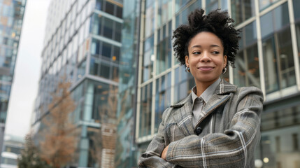 Confident Professional Woman Smiling in Urban Environment, Symbolizing Empowerment and Career Success