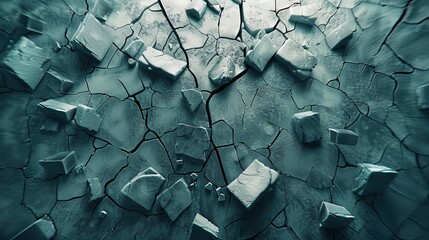 Cracked surface rendering with broken shapes on background. Wall destruction and debris from explosion. - obrazy, fototapety, plakaty