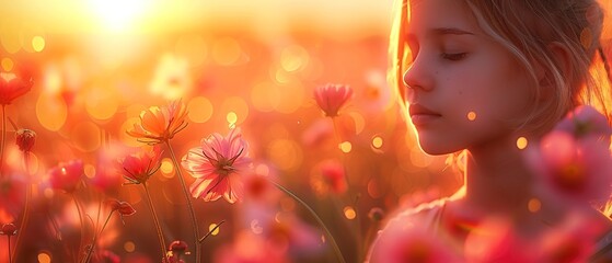 Sunrise over flower field, close up, golden light, detailed petals, vibrant