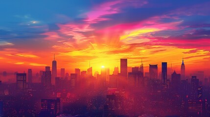 Fototapeta na wymiar City Skyline Network: A 3D vector illustration of a city skyline at sunset
