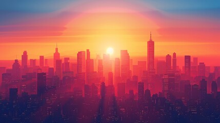Fototapeta na wymiar City Skyline Network: A 3D vector illustration of a city skyline during a vibrant sunrise