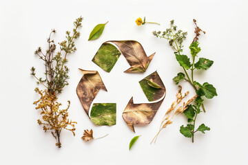 Sustainable recycling concept as sustainability logo made of leaves, plants and herbs