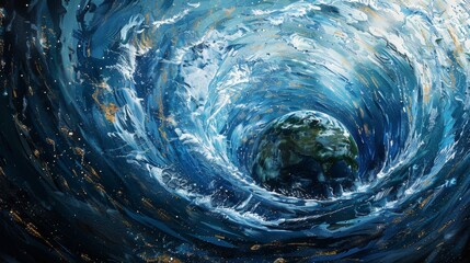 Climate Change: A 3D vector illustration of a globe surrounded by swirling hurricanes - obrazy, fototapety, plakaty