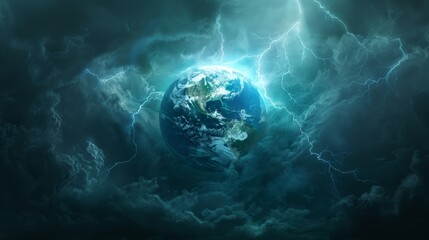 Climate Change: A 3D vector illustration of a globe surrounded by dark storm clouds and lightning - obrazy, fototapety, plakaty