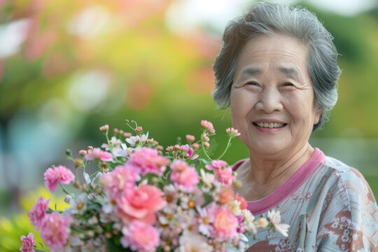 Older woman holding a beautiful bouquet of flowers. Perfect for Mother's Day or birthday cards