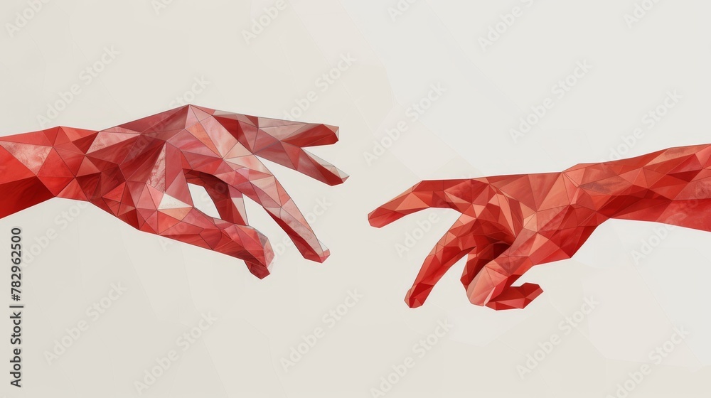 Poster a graphic showing a red polygon hand reaching out to each other. it illustrates the concept of commu